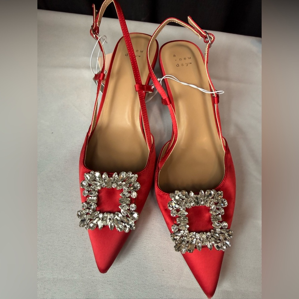 A New Day Red Satin Heels with Crystal Embellishments